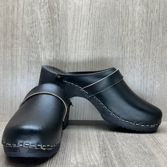 Moheda Toffeln Clog Sandals Womens Sz 39 Mule Slip On Leather Wedge Casual Black - Picture 8 of 13